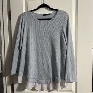 Chris & Carol Light Gray Striped Blouse with Ruffle Detail